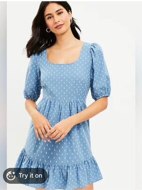 LOFT Dusty Blue Mini Dress with White Dot Embroidery